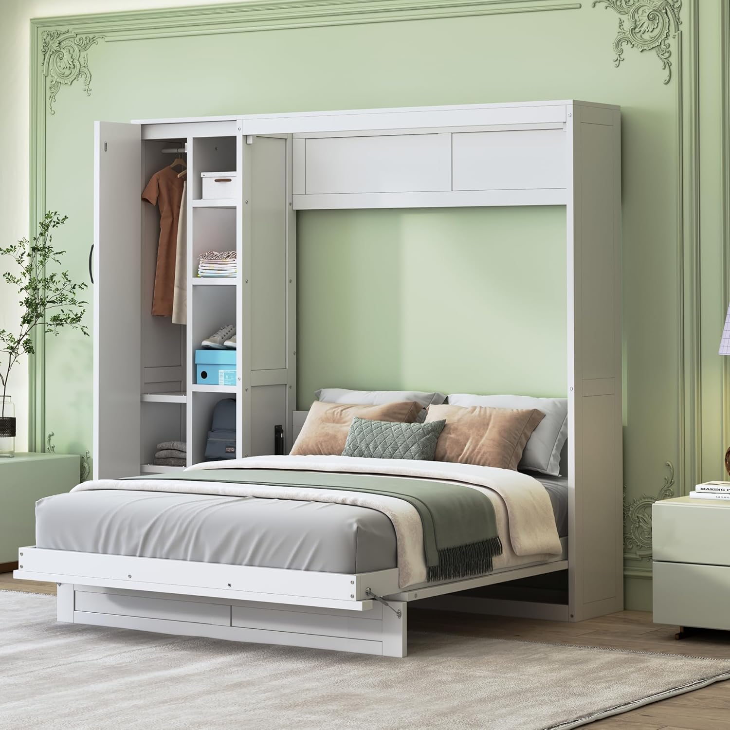 Merax Full Size Murphy Bed Wall Bed with Shelves, Drawers and LED Lights,White