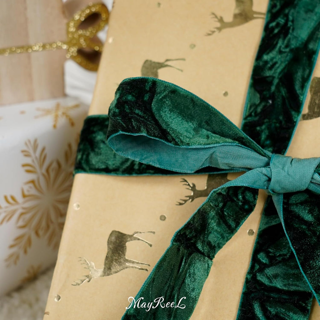 MAYREEL 1 Inch Green Crushed Velvet Ribbon Olive Green Vintage for Flower Bouquets Wedding Invitations Crafts Gift Wrapping Party Favor Boxes 10 Yards