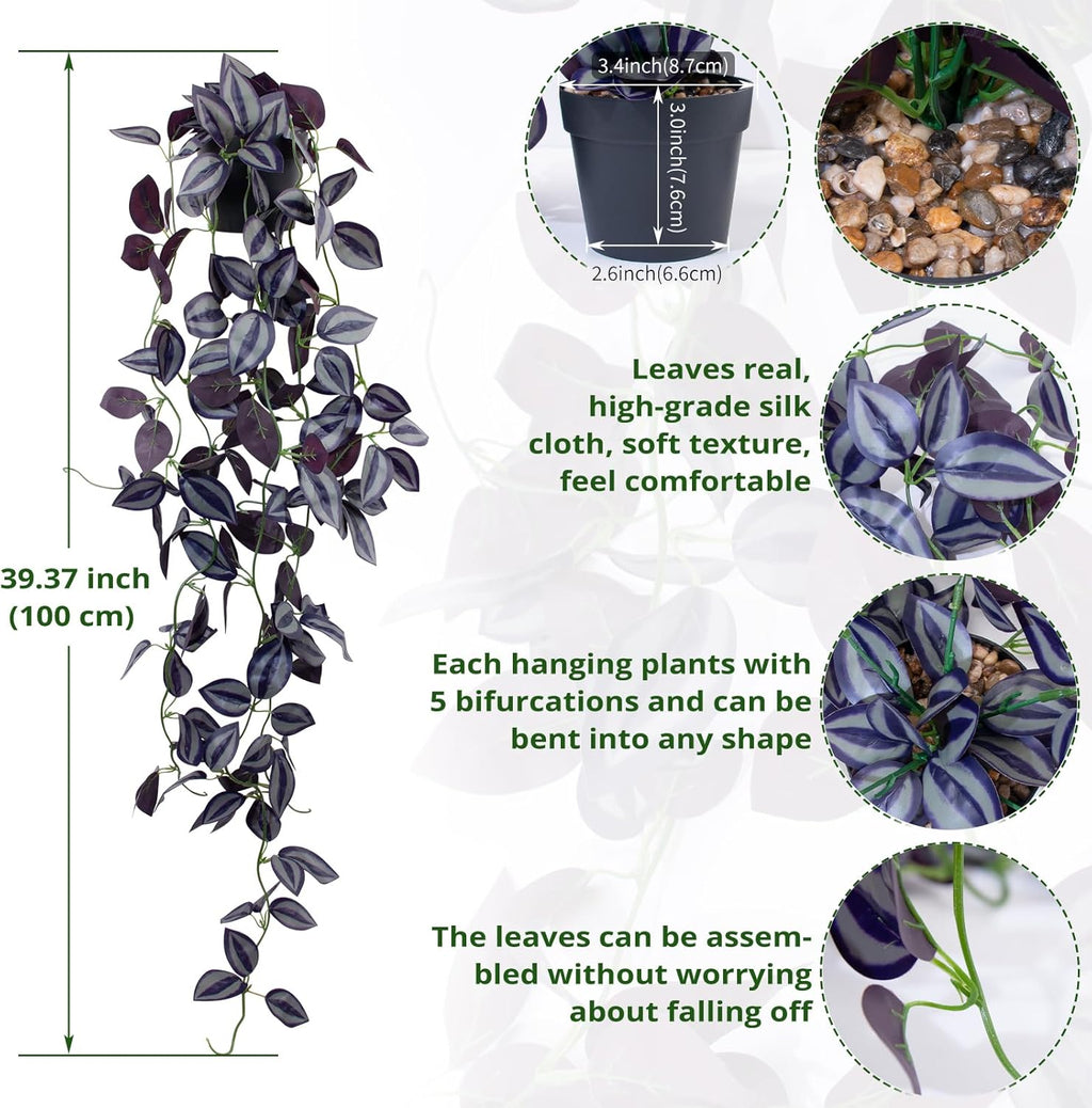 LOYWREE Small Fake Hanging Purple Eyebrow Leaf Plant Artificial Potted Plants Indoor 39-in Long Faux Dark Black Vine Plant with Pot for Shelf Home Office and Outdoor Garden Decor (Black Pot)