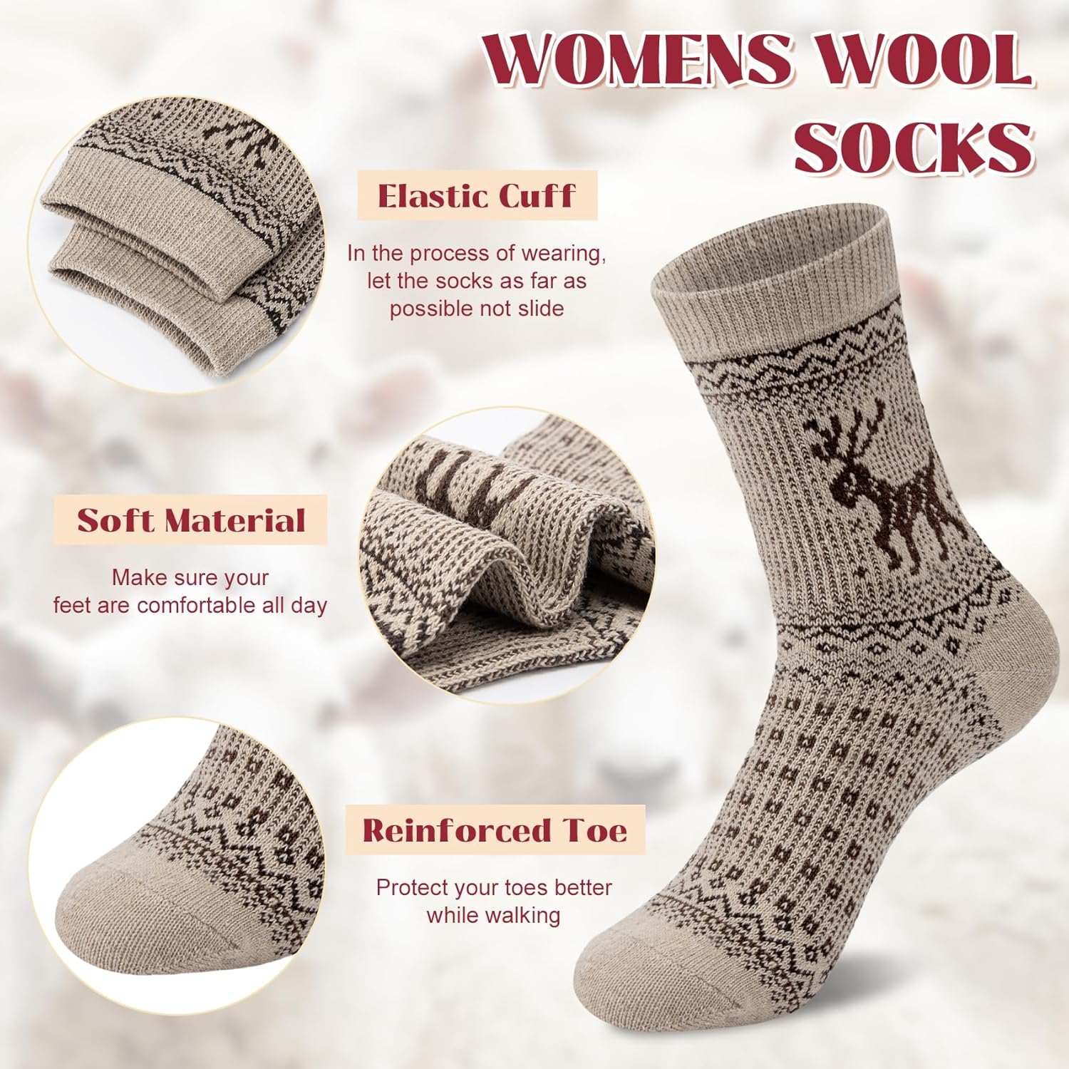 Justay 5 Pairs Wool Socks for Women - Winter Thick Boot Cozy Crew Vintage Soft Calf Knit Warm Socks Gifts