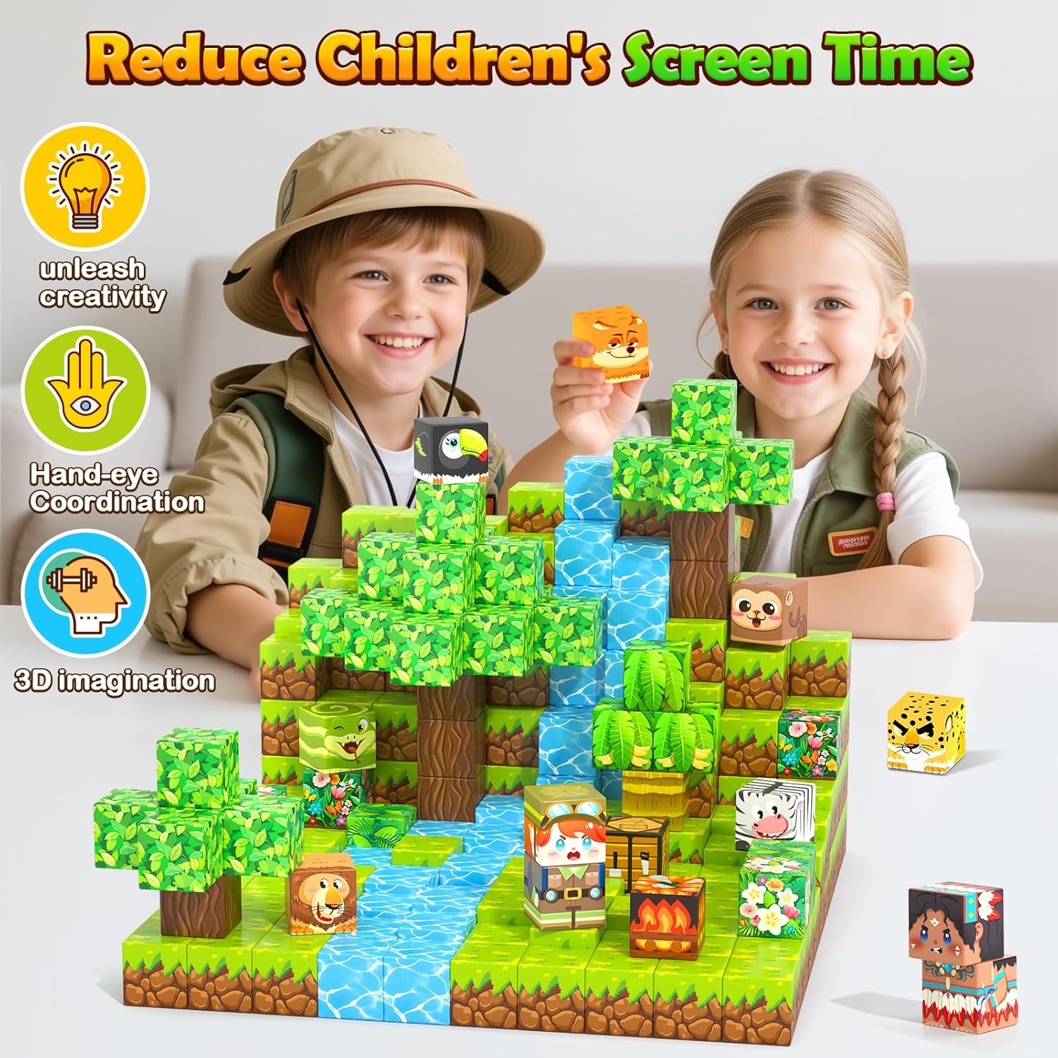 150 Magnetic Blocks – Mine Magnet Game Building Craft, STEM Constructions Toy, Jungle Adventure, Sensory Stacking Cubes Kids Toys, Christmas Birthday Gifts for Boys Girls Age 3-5, 5-7, 4-8, 8-12