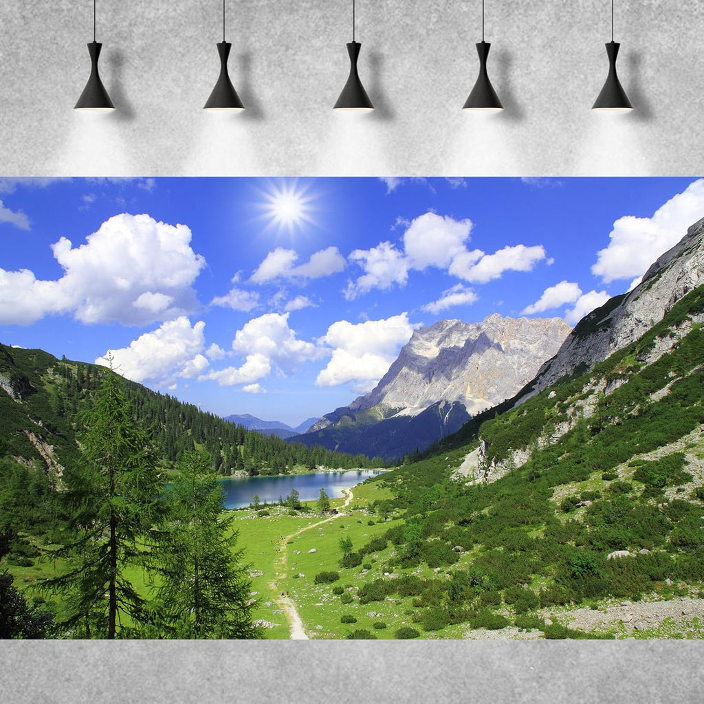 Mountains Aquarium Background Green Gobi Plants Pine Tree Terrarium Background Tranquil Lake Blue Sky Sunbeam with Cloud Fish Tank Background Mountain Theme Reptile Habitat Background 30x12in