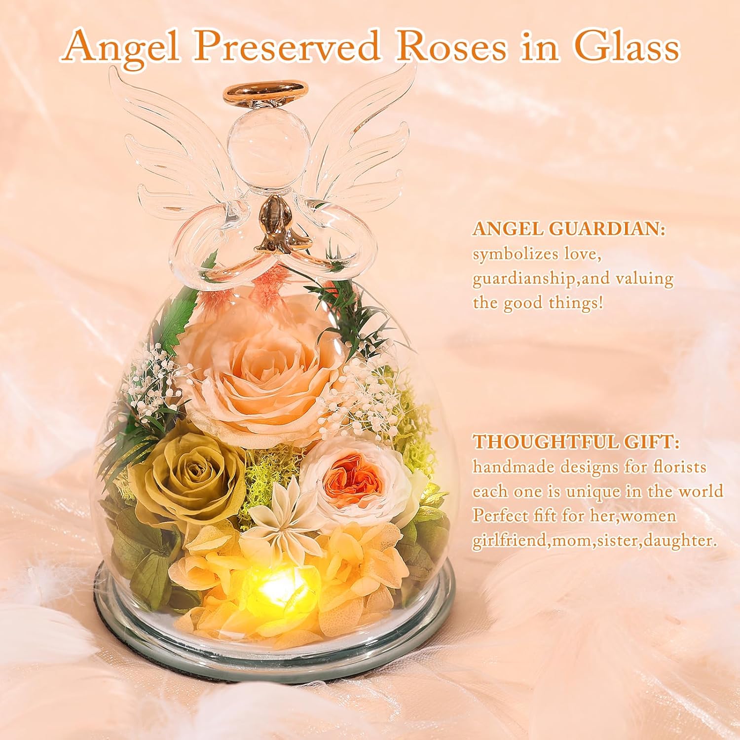 FIACO Gifts for Women Birthday Christmas Preserved Rose Forever Flower in Glass Angel Figurines Fresh Flowers for Delivery for Mom Real Colorful Roses for Grandma Wife Her from Daughter