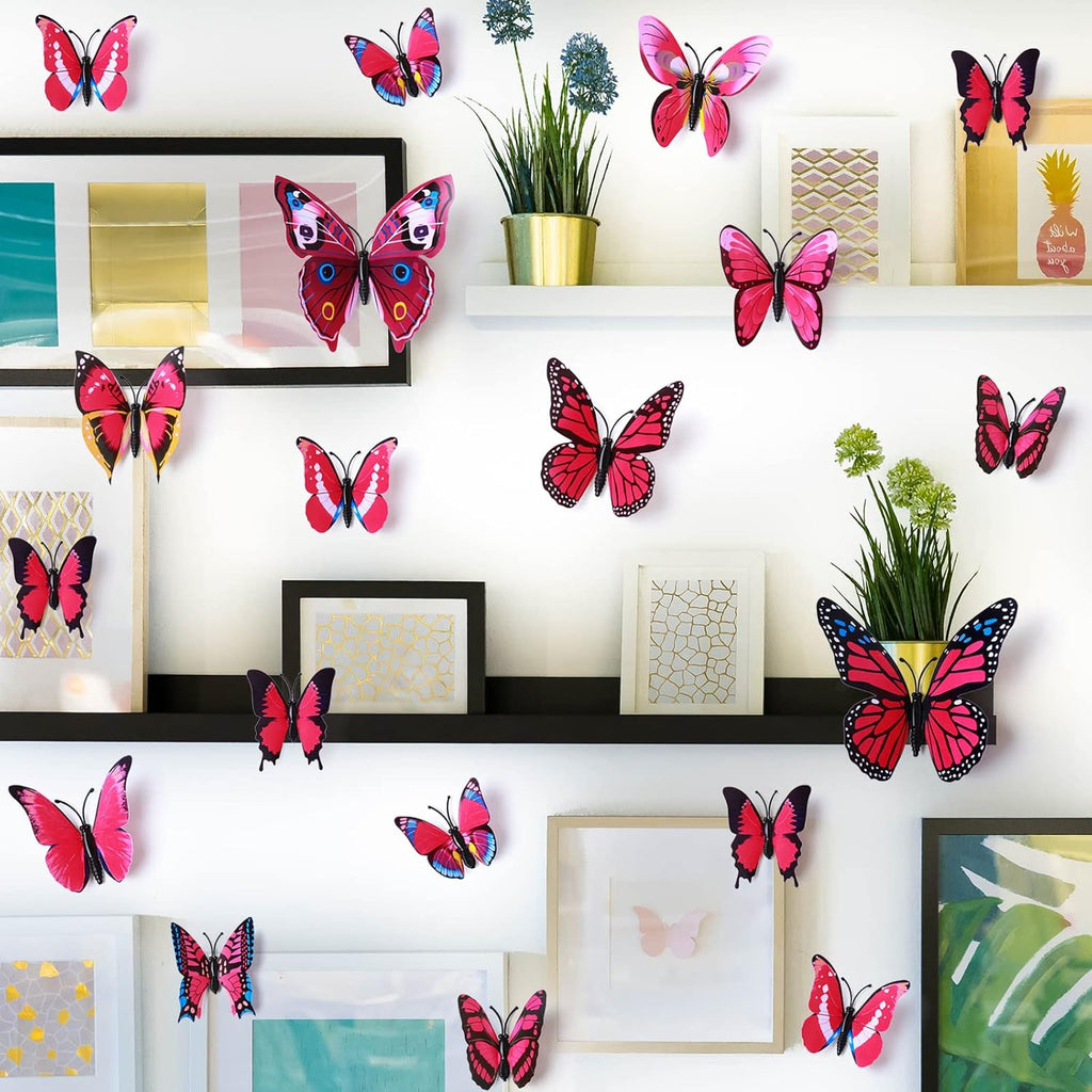 LiveGallery 72 PCS Rose Red Removable 3D DIY Beautiful Butterfly Wall Decals Colorful Butterflies Art Decor Wall Stickers Murals for Kids Baby Boy Girls Bedroom Classroom Offices (Rose Red)