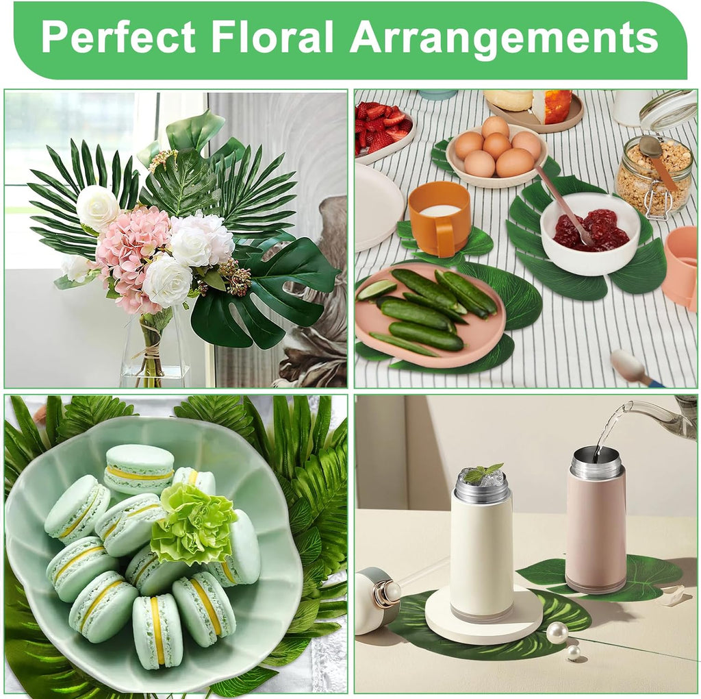 84 Pieces 8 Kinds Artificial Tropical Palm Leaves Safari Jungle Leaves with Stems Leaf Decorations for Hawaiian Luau Party Beach Baby Shower Birthday Theme Table Wedding Decorations
