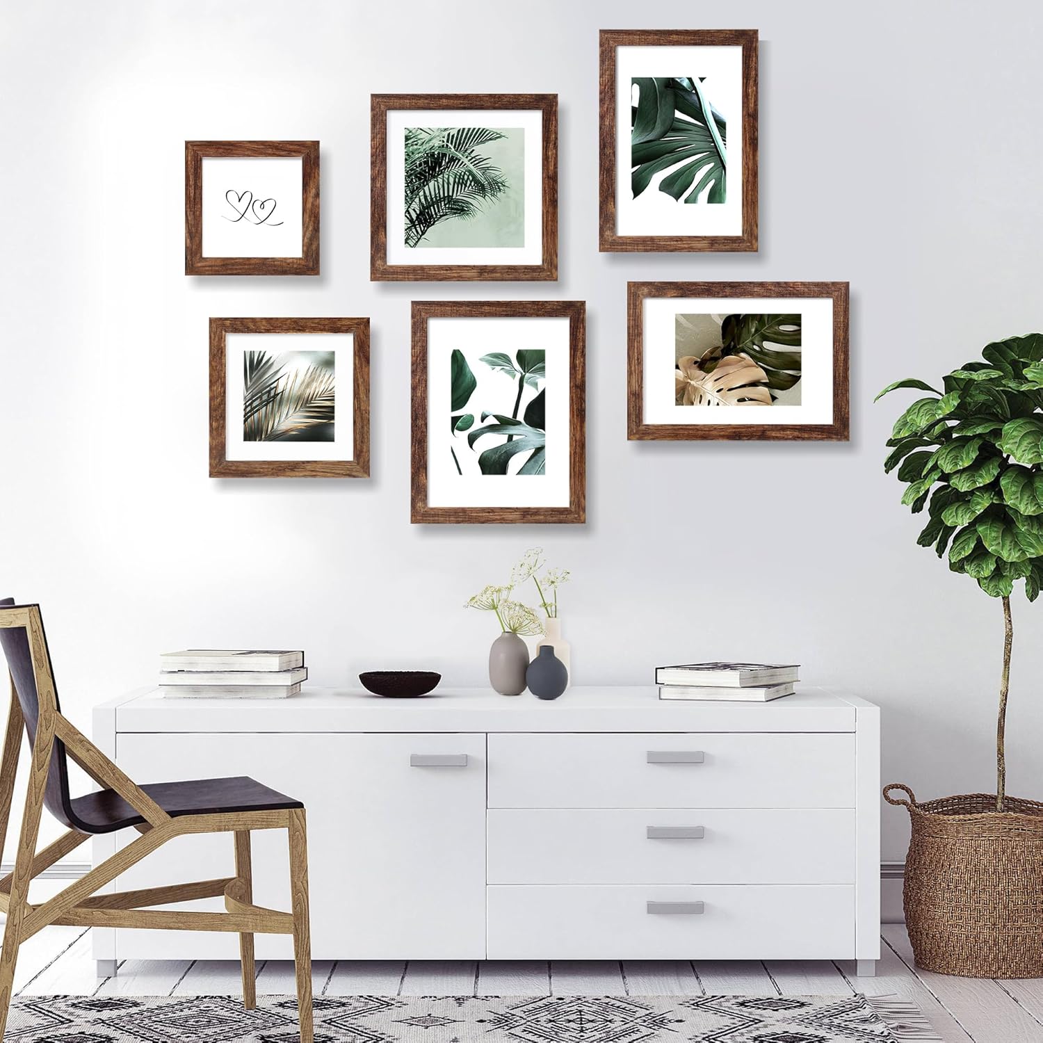 8x12 Picture Frame Set of 4, Made of Glass and Rustic Brown Wooden Frame - Display 6x8 Picture with Mat or 8 x 12 Poster Without Mat, 8 by 12 Photo for Wall or Tabletop