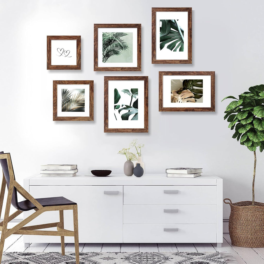 8x8 Picture Frames Set of 4, Made of Glass and Rustic Brown Wooden Frame - Display Picture 6x6 with Mat or 8 x 8 Without Mat, 8 by 8 Photo for Wall or Tabletop