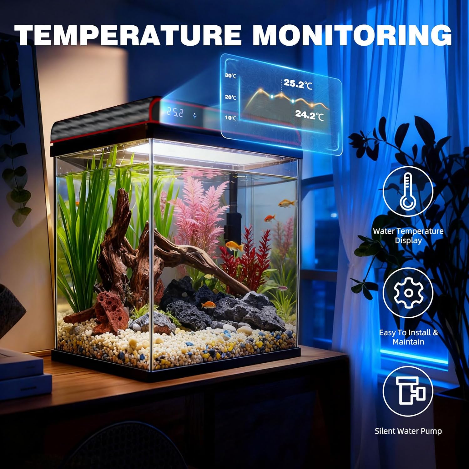 Coospider 10 Gallon Glass Fish Tank, Aquarium Starter Kit - Self-Cleaning with 3-Color LED Lights, Ultra-Quiet Pump & Filter, Smart Temperature Monitoring for Betta, Shrimp, Gift Idea