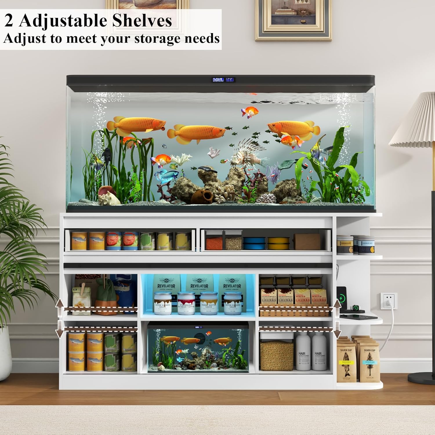 75-120 Fish Tank Stand with Power Outlets, Heavy Duty Aquarium Stand with LED Lights and Sliding Fluted Doors, White Storage Cabinet with 2 Large Drawers for Fish Tank, 1000 LBS Capacity