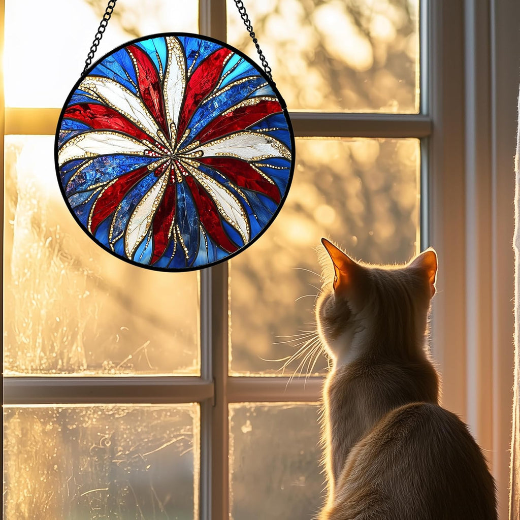 Stained Glass Window Hanging 4 Pcs Set Abstract Flowers in Red White Blue Large 15" - Suncatcher Door Garden Sun Catcher Decor Birthday Mother's Day Xmas Gift for Mom Woman Nana Men Parents