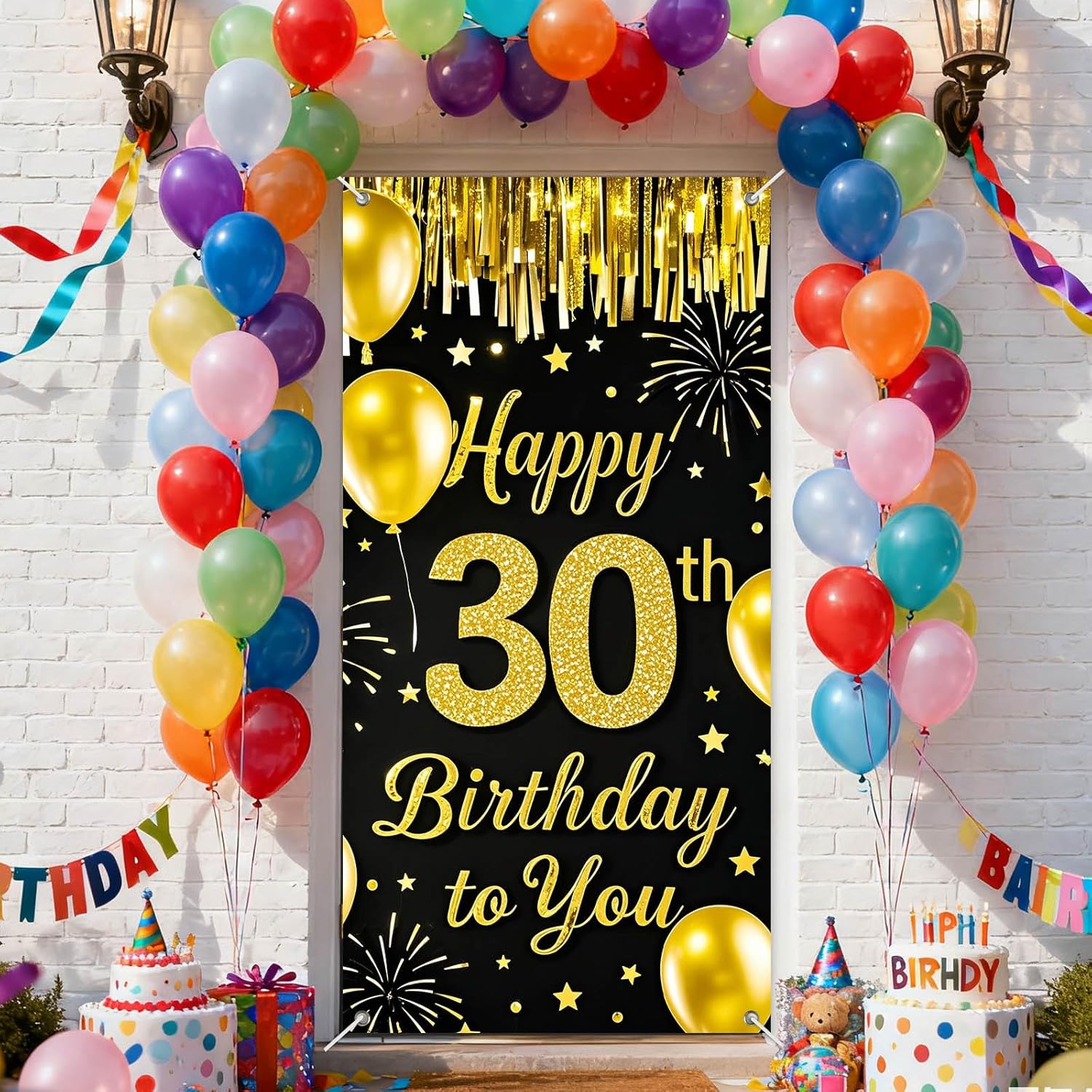 IVN 30th Birthday Door Cover 71x35 Inch Black Gold Birthday Banner for Party Decorations Balloons Stars Fireworks Backdrop Sign for Men Women Photo Booth Prop Wall Decor