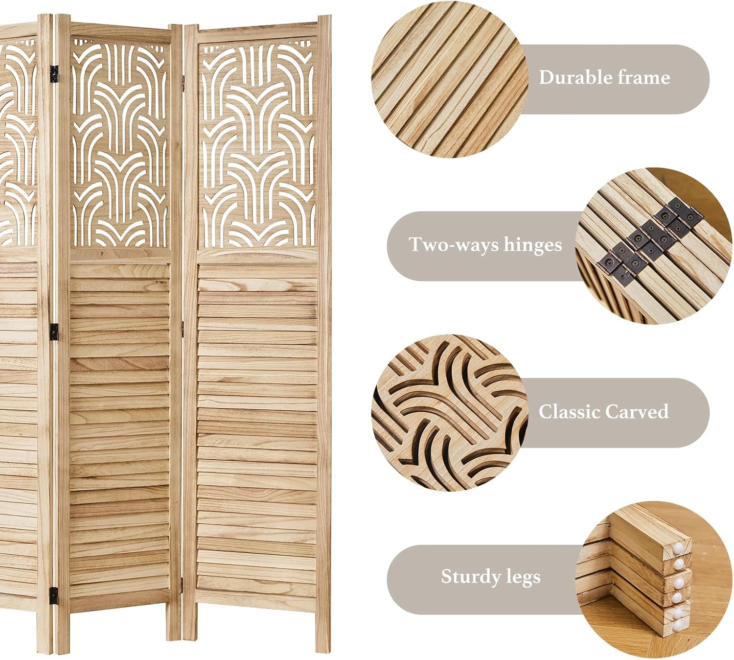 Folding Room Divider, 66.9 Inch 6 Panels Wood Carved Privacy Screens, Free Assembled Freestanding Portable Separation Wall for Home Office Bedroom (Natural)