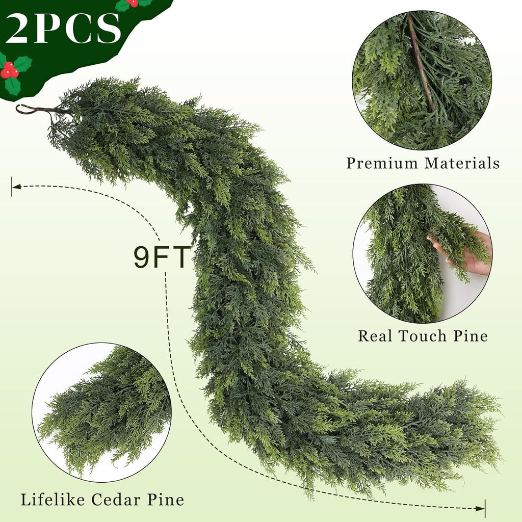 9FT Real Touch Christmas Cedar Garland - 2PCS, Artificial Pine Needles Garlands Realistic Fake Green Faux Garland for Holiday Fireplace,Table,Window,Stairs,Mante,Indoor Outdoor Decor