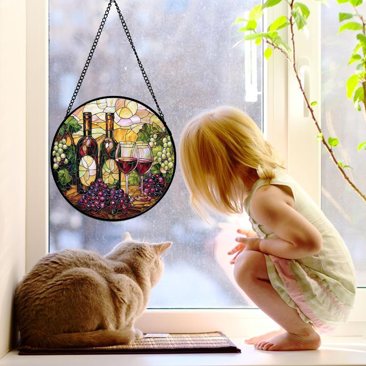 Stained Glass Window Hanging, Grapes and Wine Suncatcher Diamond Glass Panel Hangings Sun Catchers Decor for Birthday for Women, Men, Wife, Aunt, and Mom 11.8x11.8 in