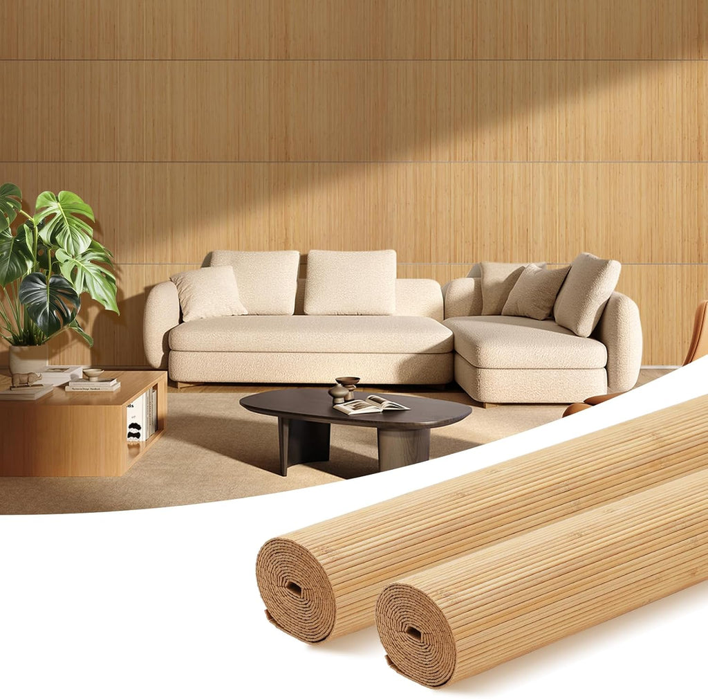 OUZUGIE 2 Pack 96x24 Inch Natural Bamboo Wall Panel – Twinned Carbides Pole Wrap Paneling for Walls, Ceilings, Cabinets, Furniture – Ideal for Bedroom, Living Room & Office DIY Decor