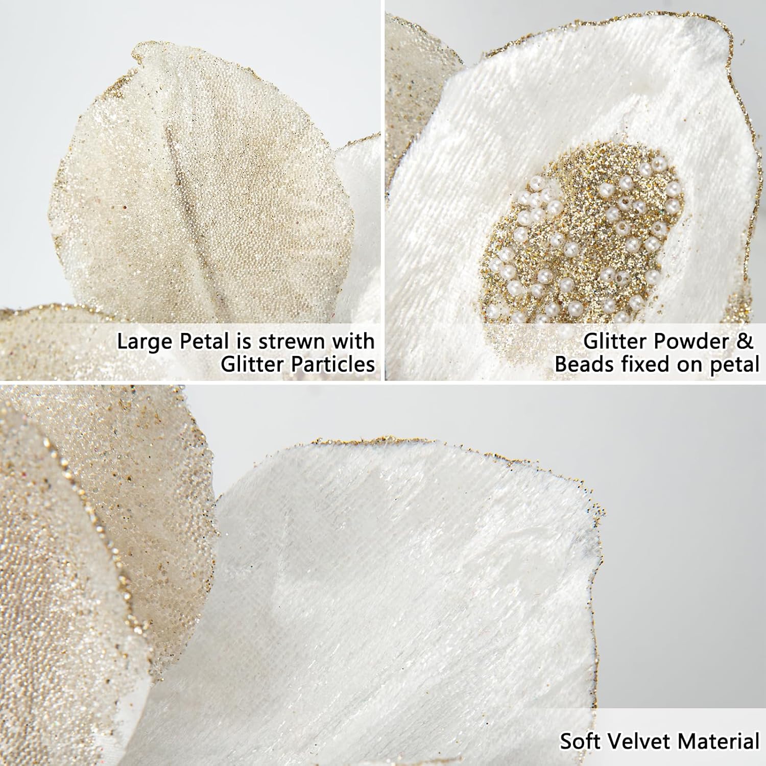 Briful 10’’ Large Heads Christmas Glitter Magnolia Flowers Christmas Tree Ornaments Set of 3 Artificial Flowers with Picks Stems for Xmas Tree Holiday Decorations, White Gold