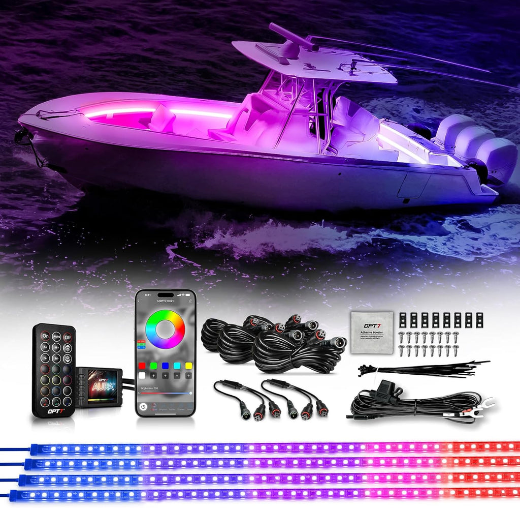 OPT7 Aura DreamColor Marine Boat LED Strips Light with APP & Remote Control, 4 PCS RGB-IC Interior Music Color Chasing Light Kit, 12V Waterproof Under Deck Lights for Pontoon Jon Bass Boat Yacht