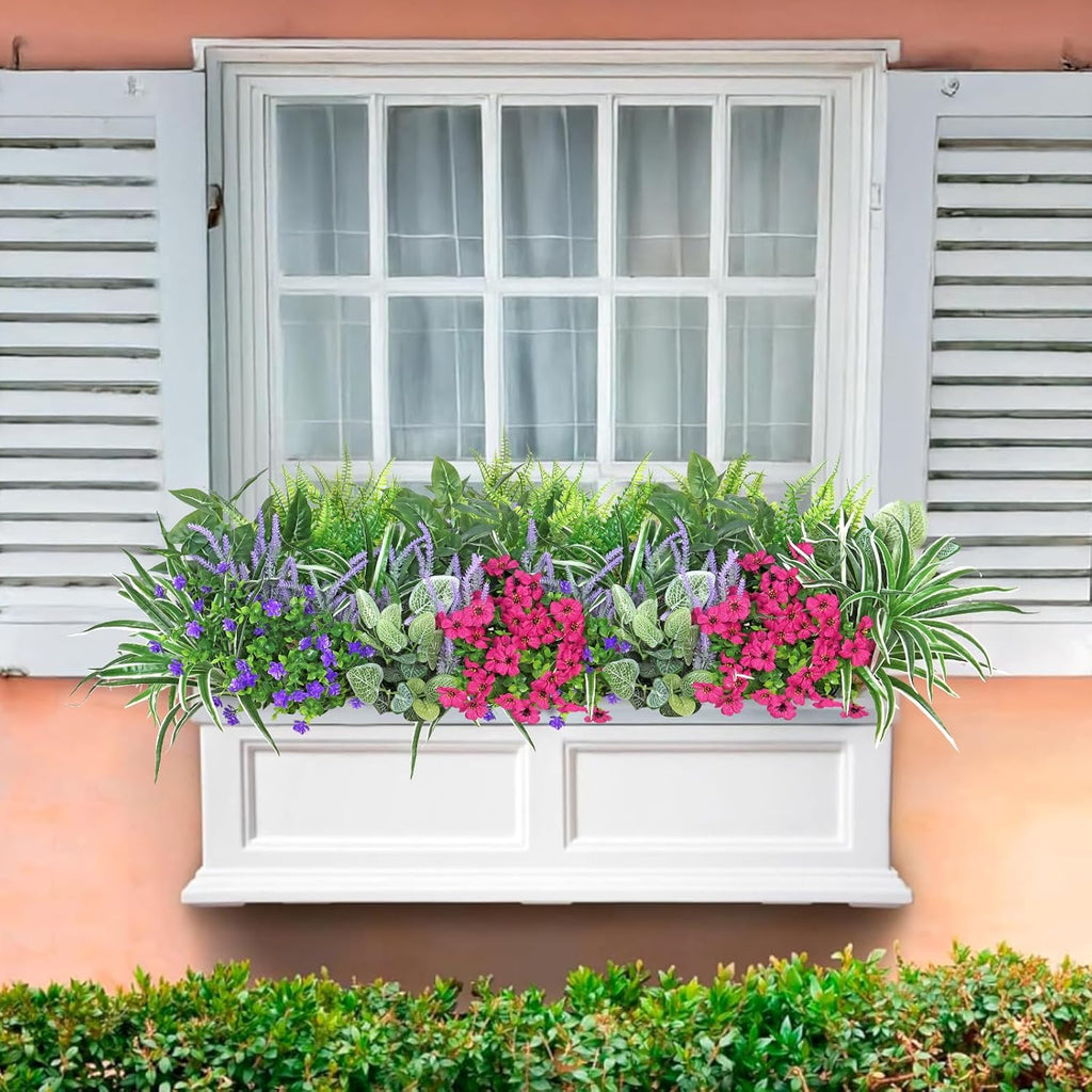 DEMIUKO 20 Bundles Artificial Plants Outdoor Fake Flowers UV Resistant Faux Greenery Stems Fake Ferns Shrubs Plastic Plants for Garden Patio Porch Yard Window Box Home Decor (Lavender Flower, 20PCS)