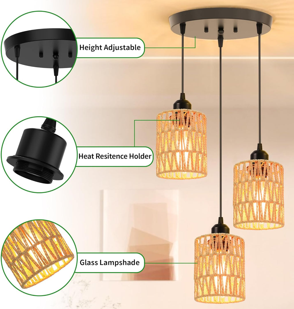 3-Light Rattan Pendant Light, Farmhouse Boho Hanging Light Fixture with Hand-Woven Wicker Shades for Dining Room, Kitchen Island, Bedroom, Living Room, Foyer, Hallway