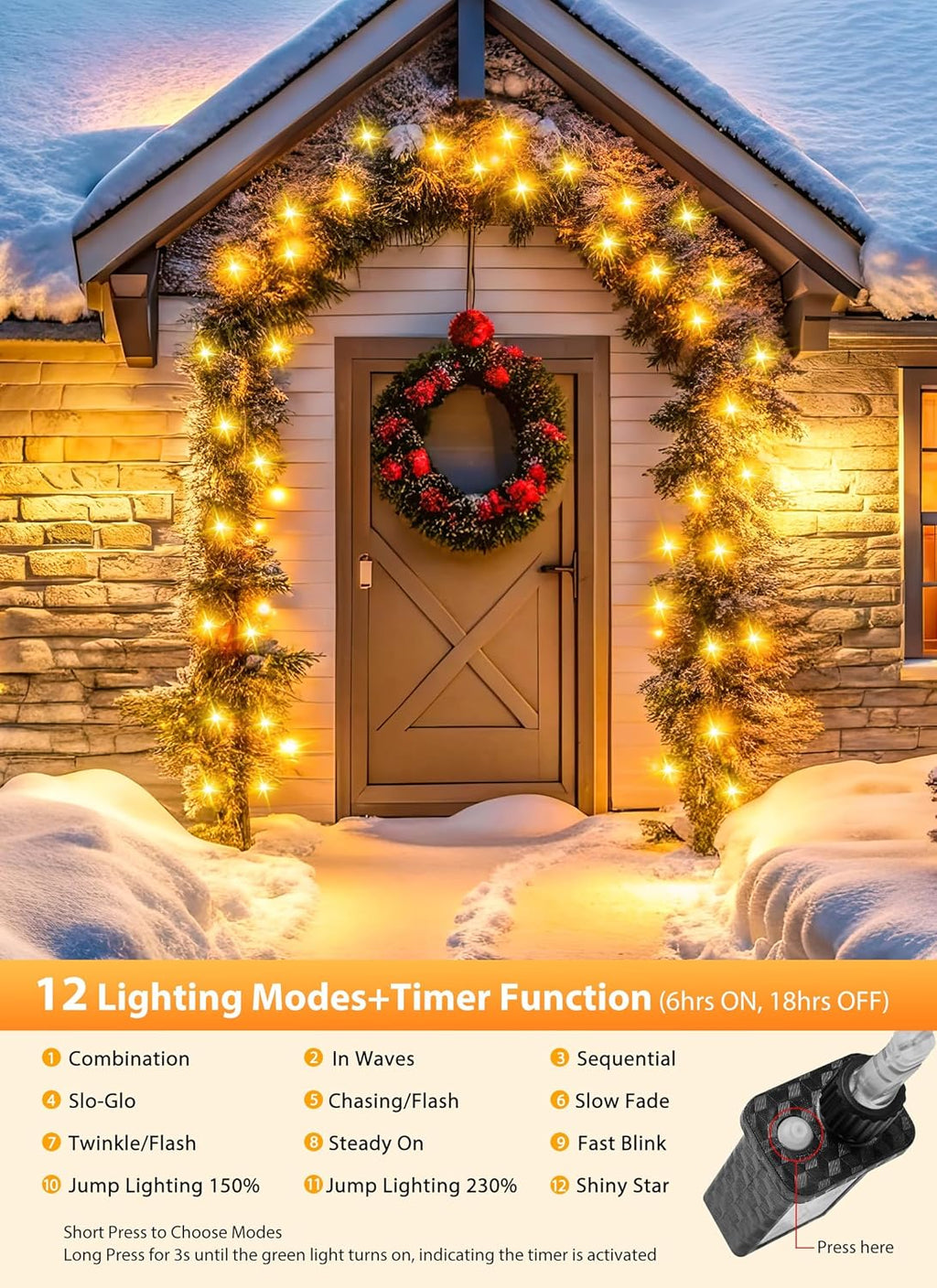 Minetom Christmas Tree Lights Outdoor - 200 LED 10 Ft Firecrackers String, 12 Modes Timer Waterproof Connectable Plug-in Twinkle Fairy Lights for Xmas Tree Garland Party