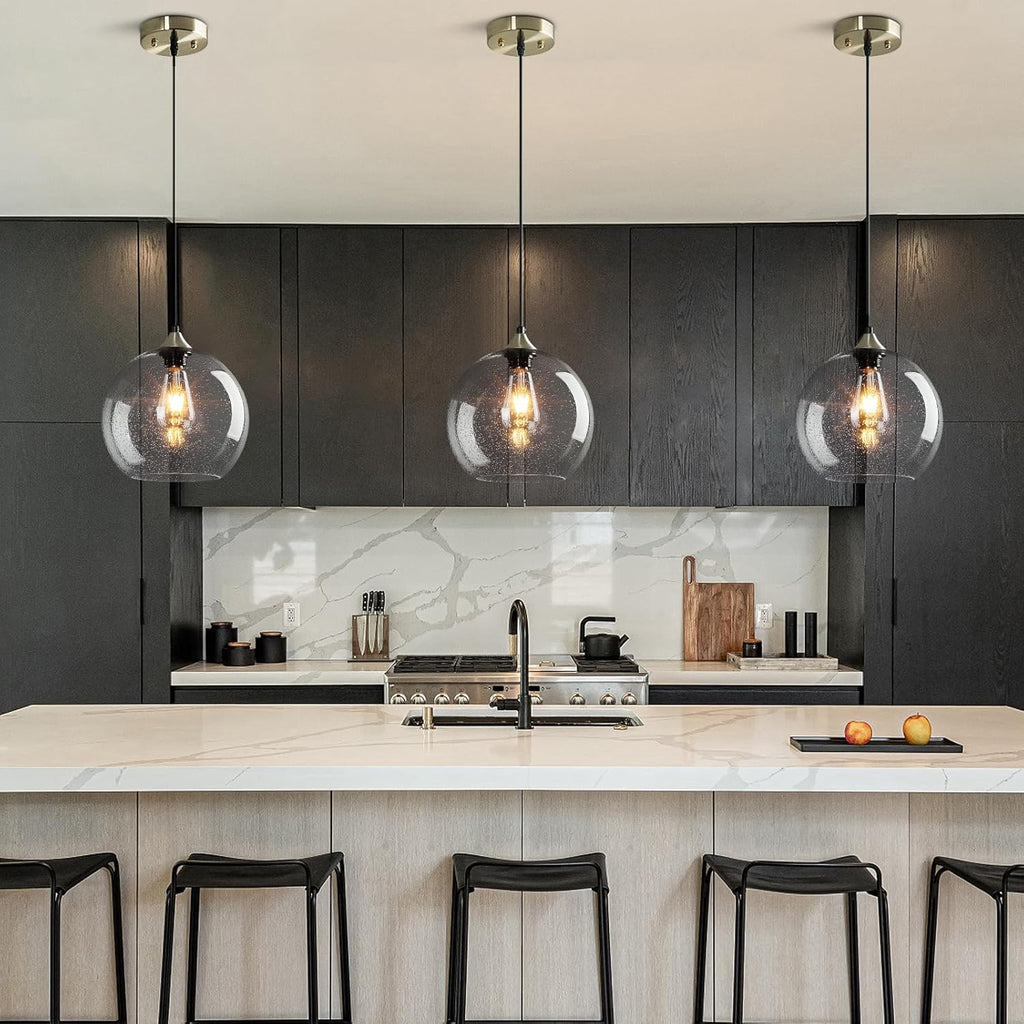 Clear Glass Pendant Lights Kitchen Island Lighting Globe Pendant Light Fixtures Modern Pendant Lighting for Kitchen Island Bedroom Living Dining Room Light Fixture(9.84in, 1-Pack)