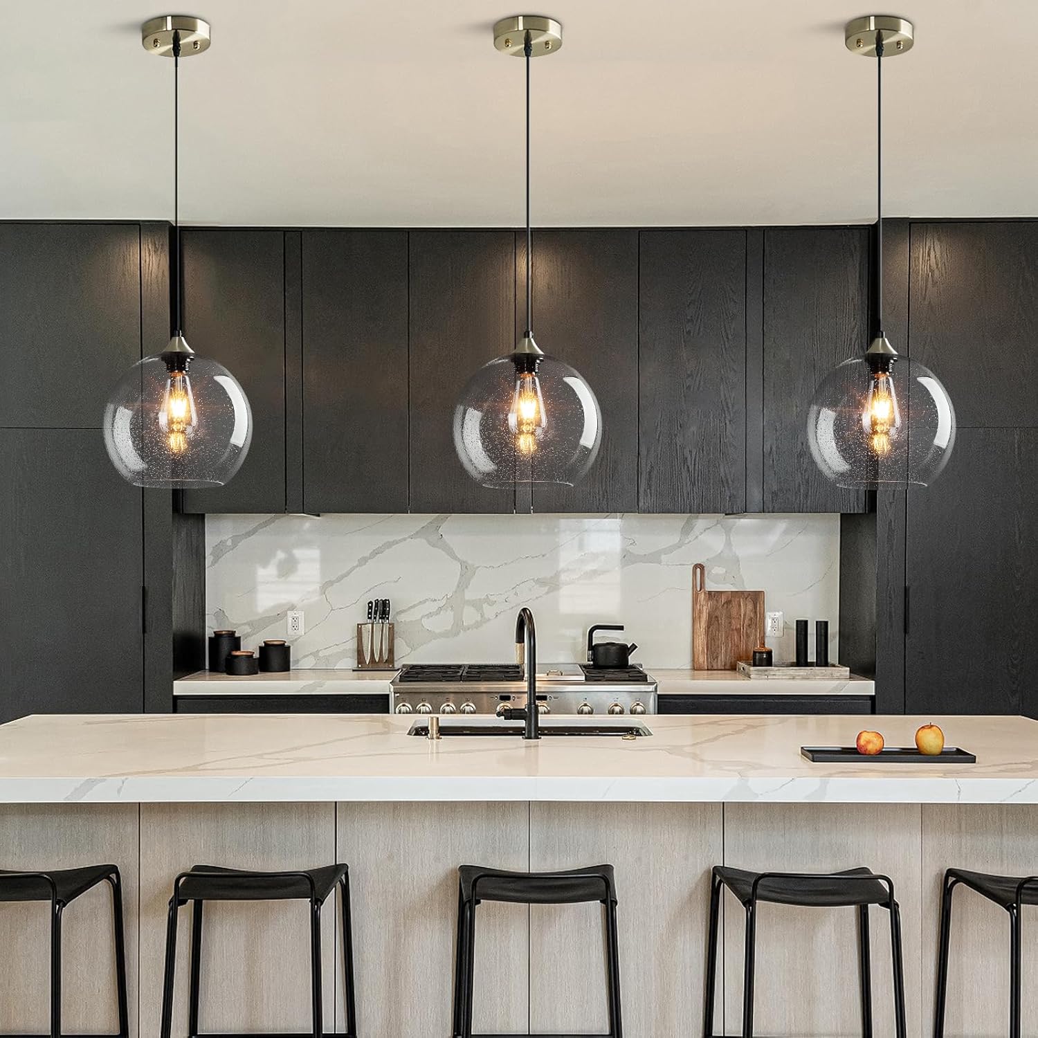 Clear Glass Pendant Lights Kitchen Island Lighting Globe Pendant Light Fixtures Modern Pendant Lighting for Kitchen Island Bedroom Living Dining Room Light Fixture(9.84in, 1-Pack)