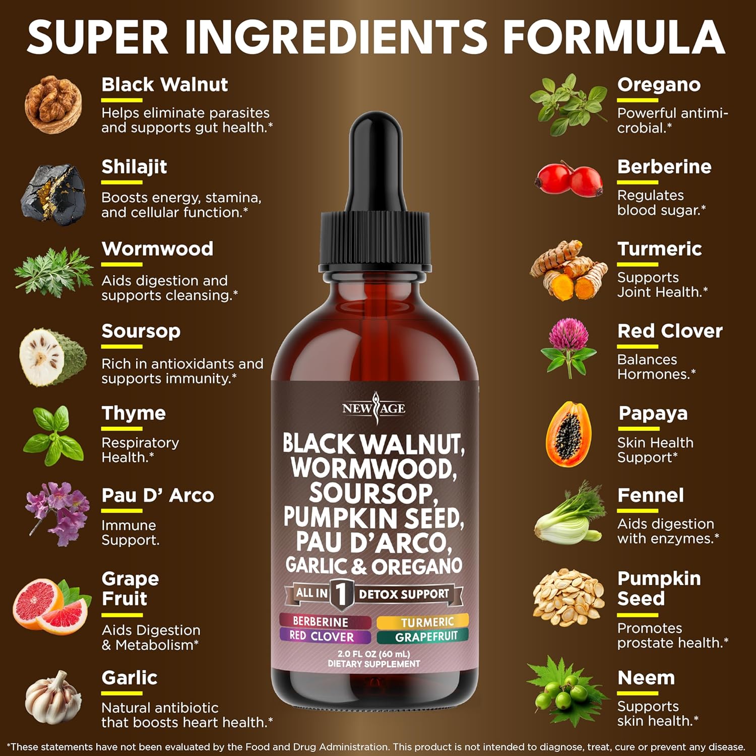 Black Walnut Wormwood Cleanse Drops - Liquid Soursop, Garlic, Pumpkin Seed, PAU D'Arco, Oil of Oregano, Turmeric, Berberine, Neem Extract, Hull Bark, Tincture - - 4oz