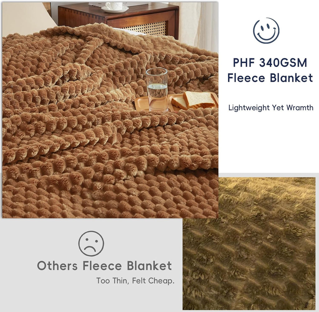 PHF Ultra Soft Flannel Fleece Blanket King Size, Lightweight 3D Jacquard Fleece Blanket, No Shedding, No Pilling, Luxury 340GSM Aesthetic Fluffy Cozy for Bed Room Decor, 108"x90", Terracotta