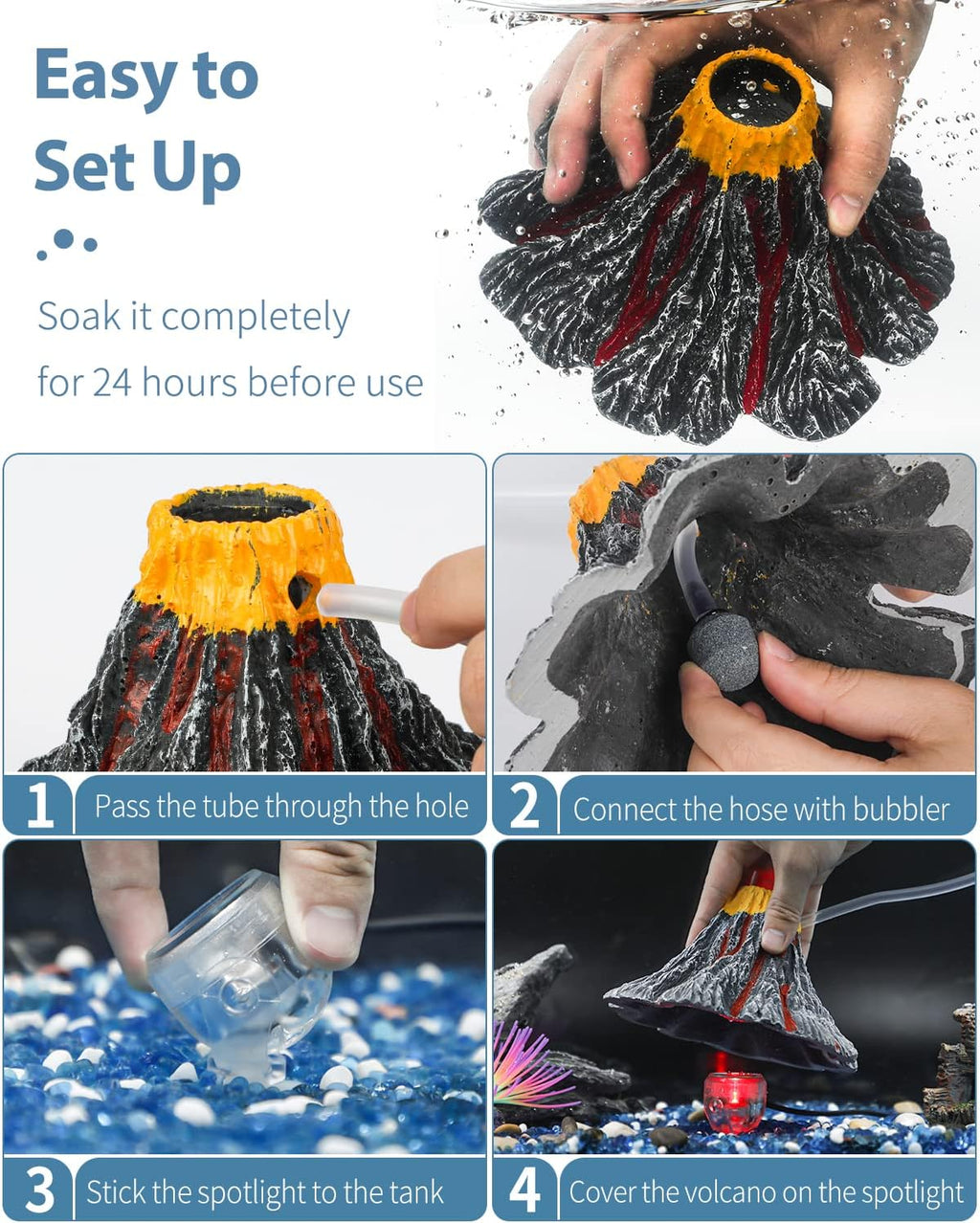 Uniclife Aquarium Volcano Ornament Kit Volcanic Eruption Decoration with Mini Air Pump Red LED Spotlight Air Stone Bubbler Airline Tubing Check Valve Fish Tank Resin Decor for Landscape and Aeration