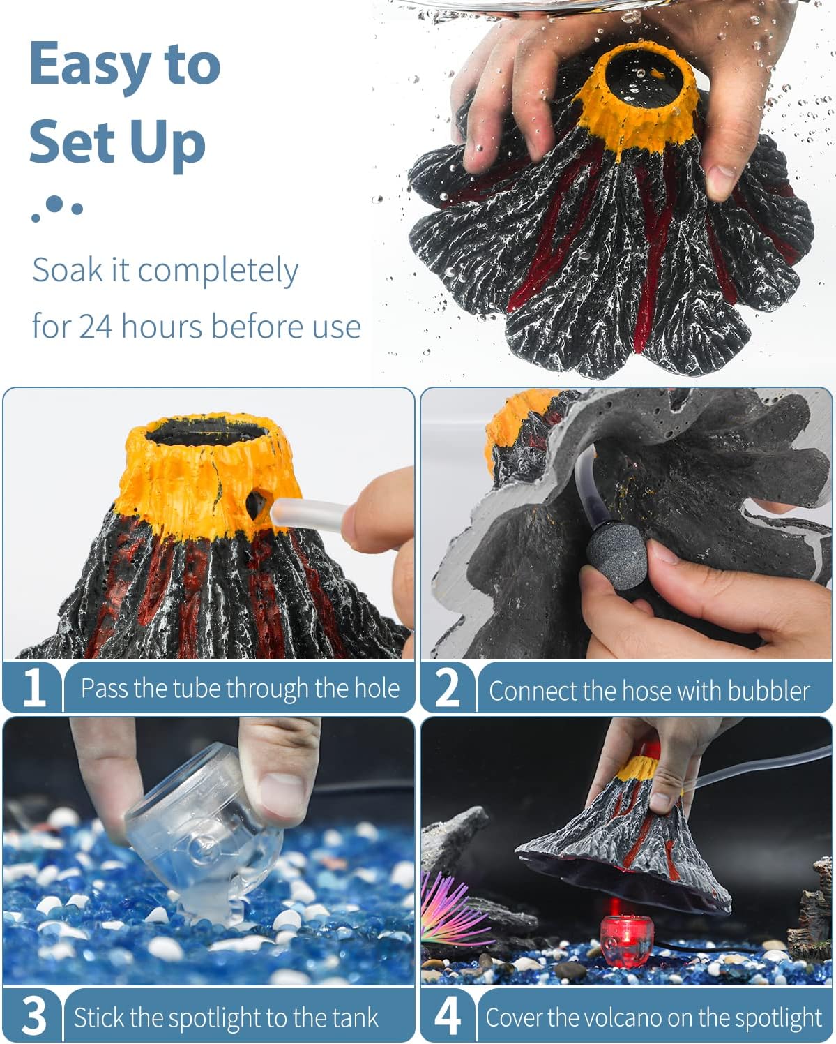 Uniclife Aquarium Volcano Ornament Kit Volcanic Eruption Decoration with Mini Air Pump Red LED Spotlight Air Stone Bubbler Airline Tubing Check Valve Fish Tank Resin Decor for Landscape and Aeration