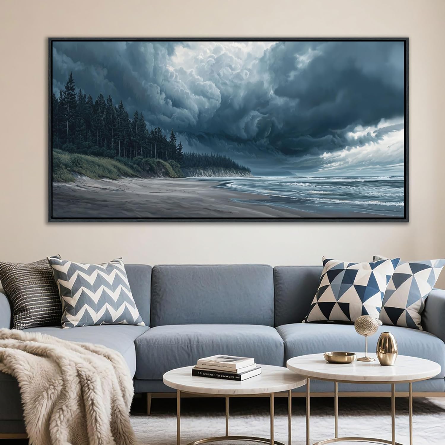 YDYSUNE Beach Wall Art Largr Canvas Decor Ocean Painting Navy Blue Picture Artwork Modern Seascape Storm Forest Decoration Framed for Living Room Bedroom Home Office Decor Size 24x48 Inches