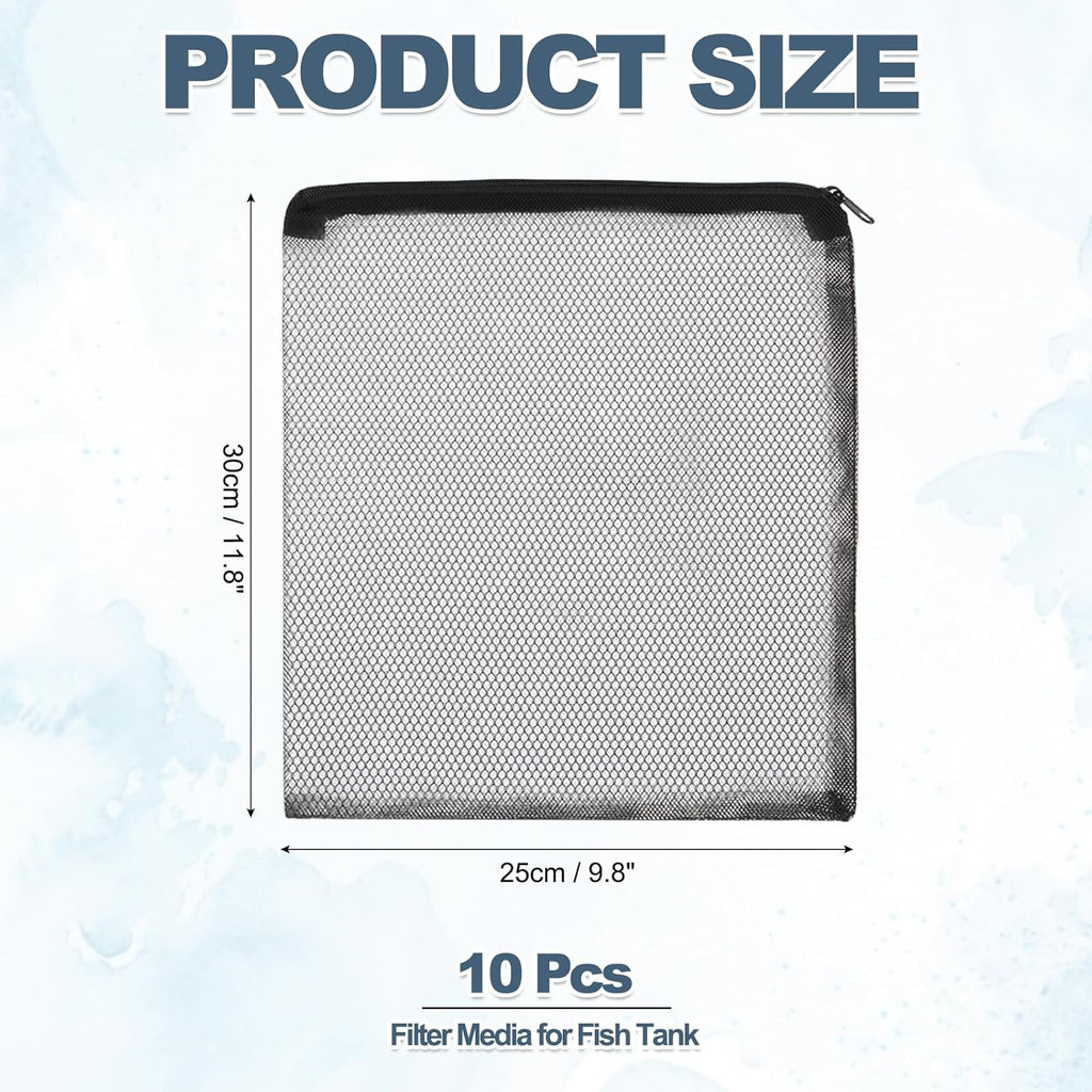 Aquarium Filter Media Bags, Fish Tank Fine Mesh Bag with Zipper Reusable Versatile 12 x 10 Inch, (Black, 10Pcs), Intended for Fish Tank/Aquarium/Pond/Activated Carbon/Ceramic Rings