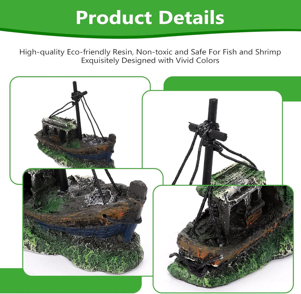 Small Boat Aquarium Decorations Resin - Sunken Shipwreck Fish Tank Ornament for Aquatic Adventure Scene-Approx. 4.9" L x 2.4" W x 3.9" H (Small Boat)
