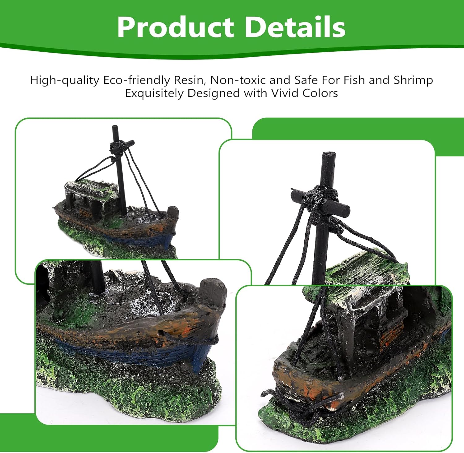 Small Boat Aquarium Decorations Resin - Sunken Shipwreck Fish Tank Ornament for Aquatic Adventure Scene-Approx. 4.9" L x 2.4" W x 3.9" H (Small Boat)