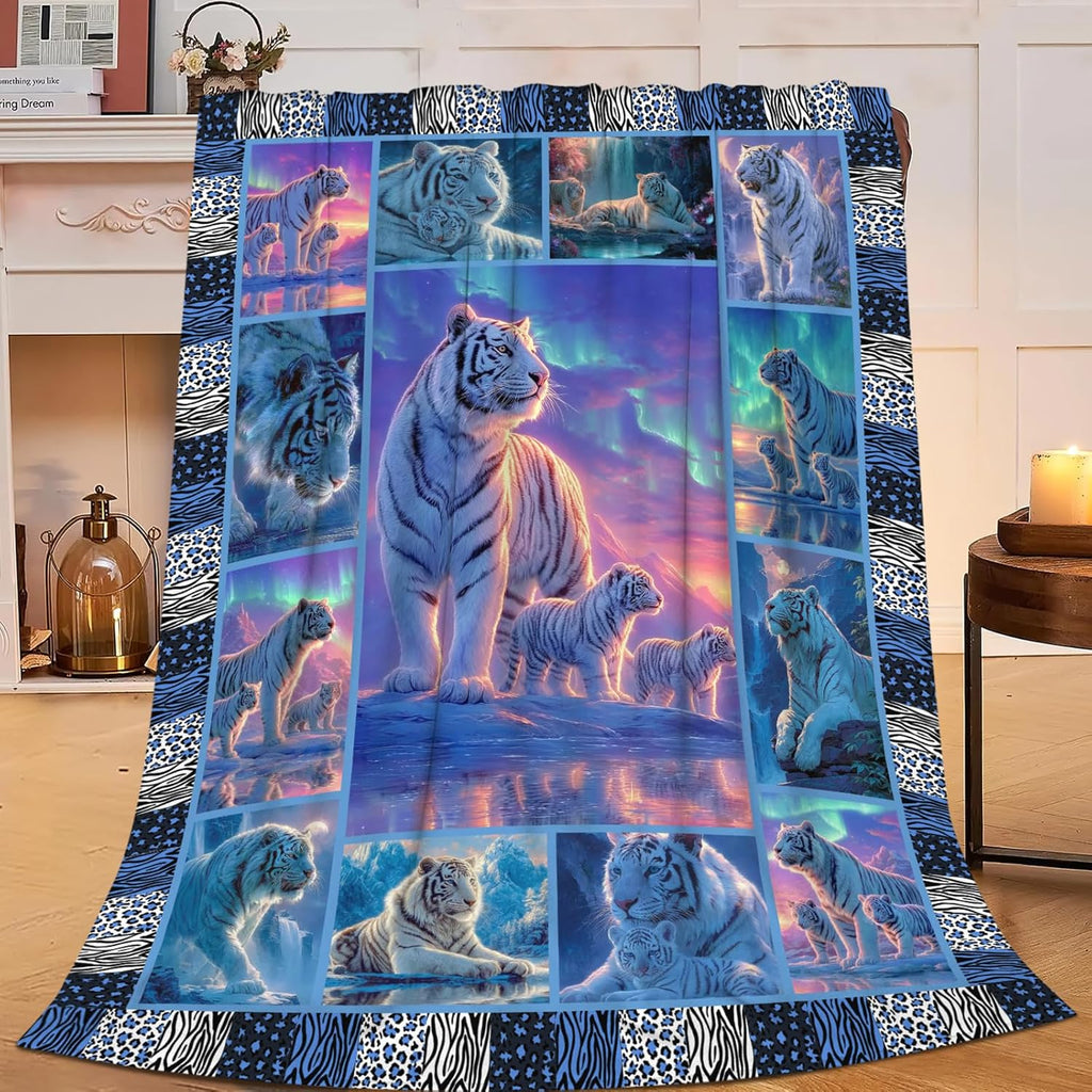 White Tiger Throw Blanket White Tiger Stuff Gifts for Kids Girls Boys Adults Women Men Soft Cozy Warm Plush Fluffy Fuzzy Fleece Blanket Decor 60''X80''