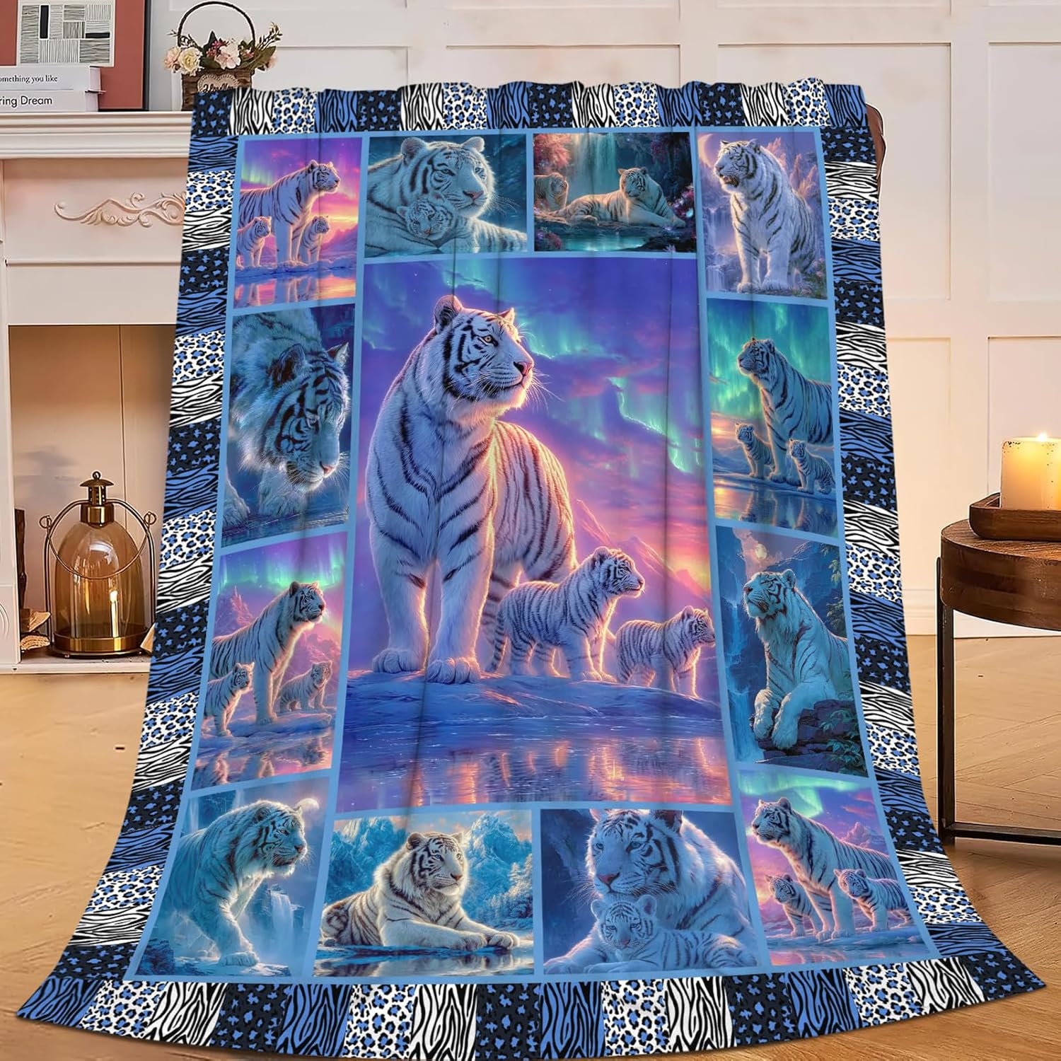 White Tiger Throw Blanket White Tiger Stuff Gifts for Kids Girls Boys Adults Women Men Soft Cozy Warm Plush Fluffy Fuzzy Fleece Blanket Decor 60''X80''