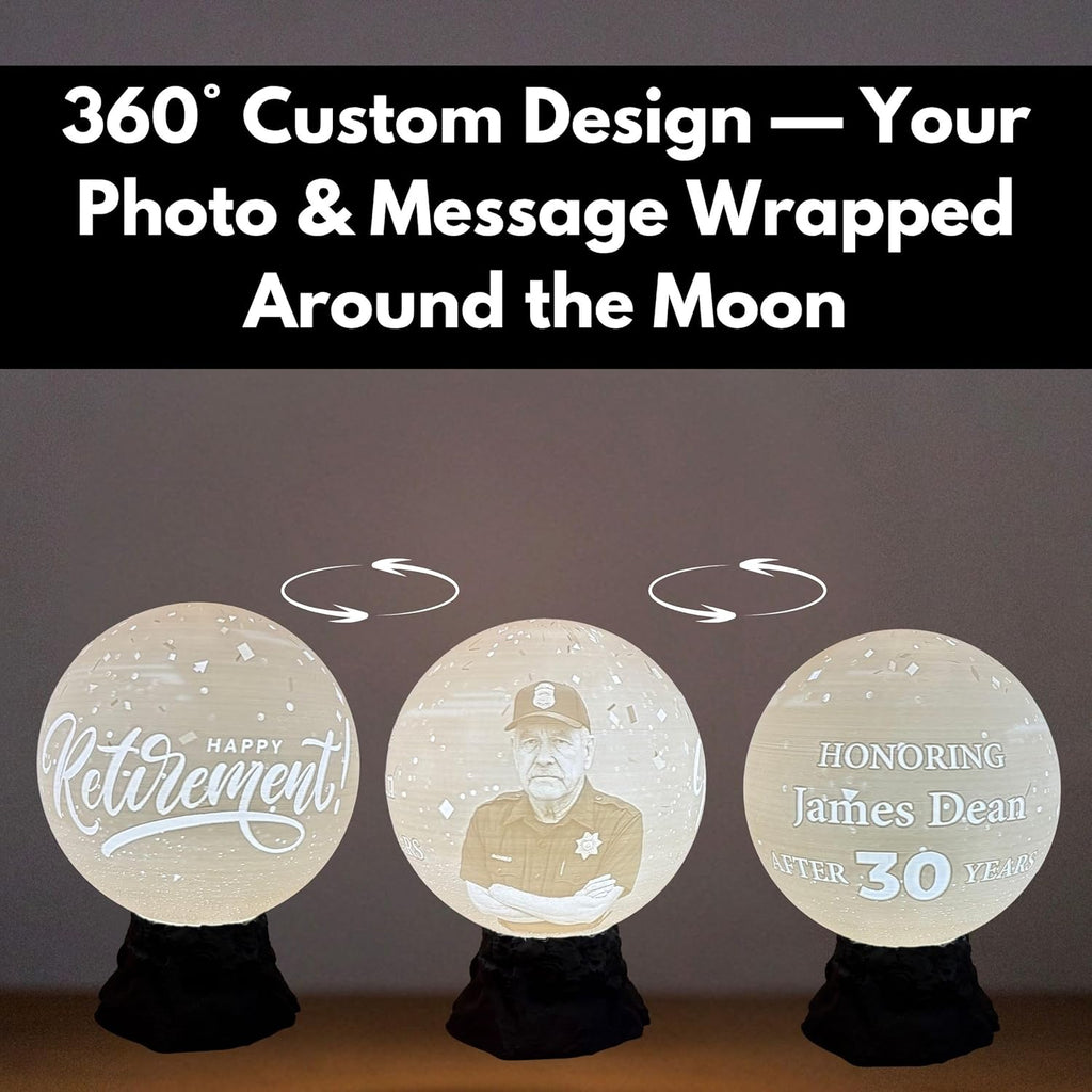 Personalized Retirement Moon Lamp with Custom Photo & Text | 3D Printed LED Night Light | Police, Military, Veteran, Teacher, Nurse Retirement Gift | Custom Farewell Keepsake for Men & Women