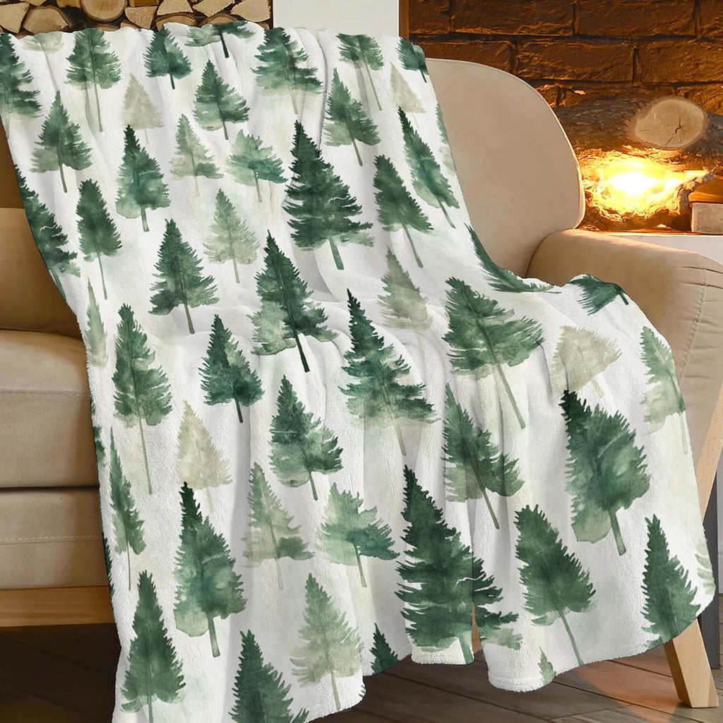 Pines Tree Pattern Throw Blanket Watercolor Green Throw Blankets Gifts for Couch Sofa Bed Stuff Cozy Plush Warm Flannel for Lover Men Women 50"x60"