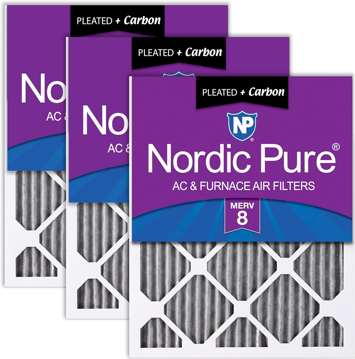 Nordic Pure 20x25x1 (19 1/2 x 24 1/2 x 3/4) Furnace Air Filters MERV 8 Pleated Plus Carbon 3 Pack