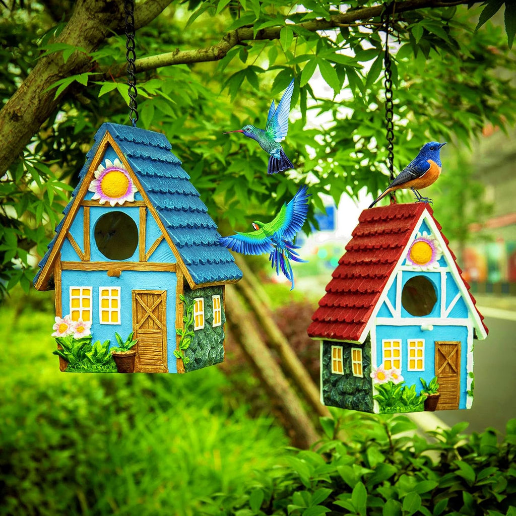 Garden Bird House for Outside Clearance Hanging Outdoors Country Cute Birdhouses for Wren Finchs Chickadee Hummingbird Tree Swallow Cage Kids Nature Lover Bluebird House(Blue)
