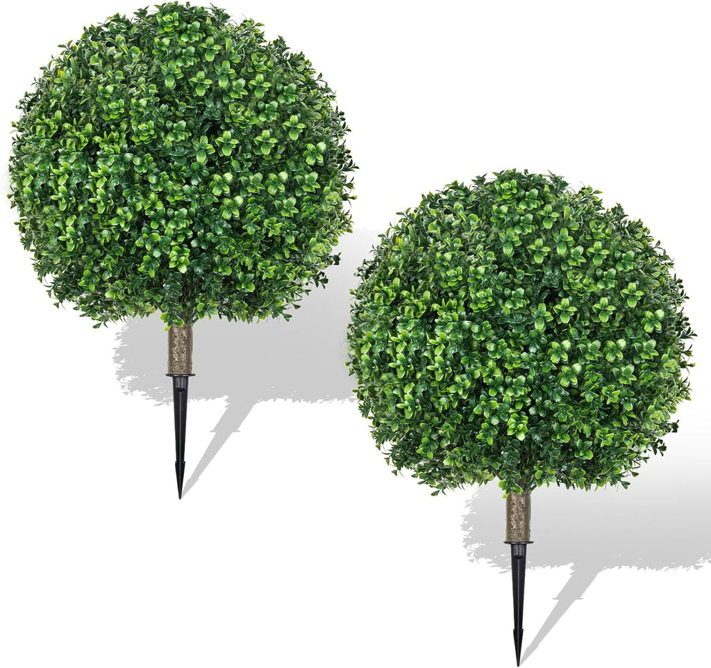 25.6" Artificial Boxwood Topiary Ball Trees: 2 Pack Fake Shrubs with Spike – UV Resistant & Fade Resistant Faux Bushes, Evergreen Artificial Plants for Outdoor Indoor Front Porch Garden