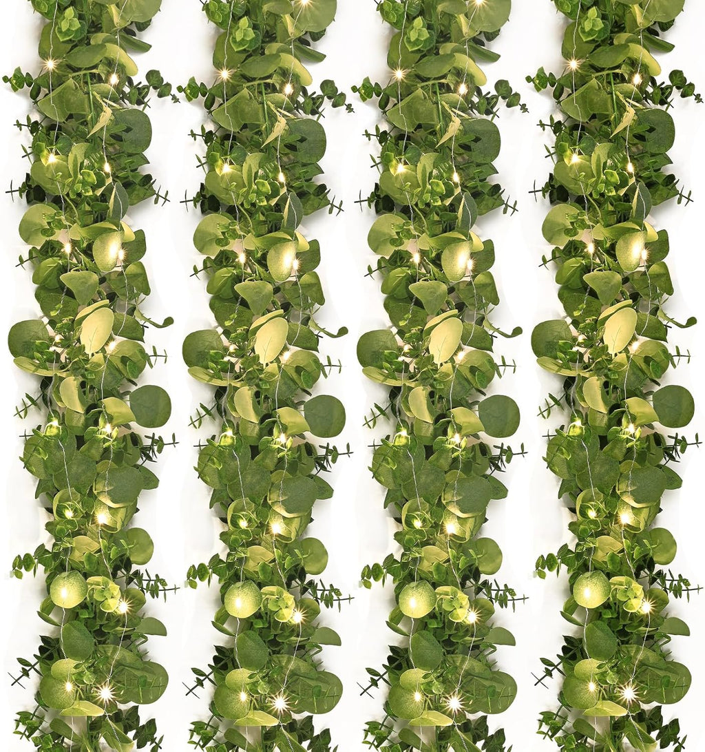 Dolicer 4 Packs 6FT Artificial Eucalyptus Garland with LED Light String, Faux Greenery Garland Hanging Fake Silver Dollar Eucalyptus Leaves Vines for Wedding Backdrop Arch Table Wall Party Home Decor