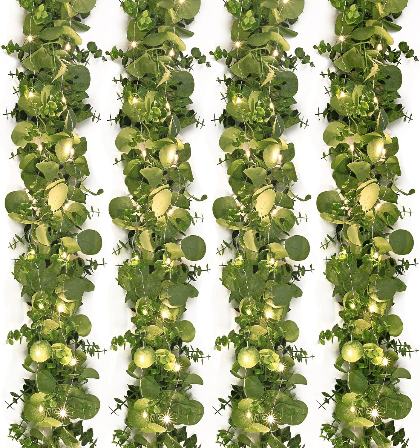 Dolicer 4 Packs 6FT Artificial Eucalyptus Garland with LED Light String, Faux Greenery Garland Hanging Fake Silver Dollar Eucalyptus Leaves Vines for Wedding Backdrop Arch Table Wall Party Home Decor