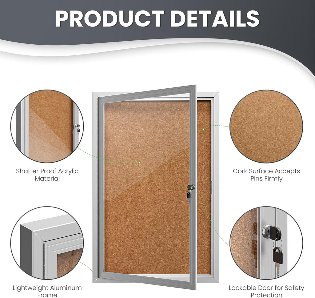 36"x24" Lockable Enclosed Bulletin Board, Outdoor Cork Weather-Resistant Aluminum Frame Notice Board, Wall Mounted Display Case Acrylic Doors for School,Office,Silver Frame w/Cork