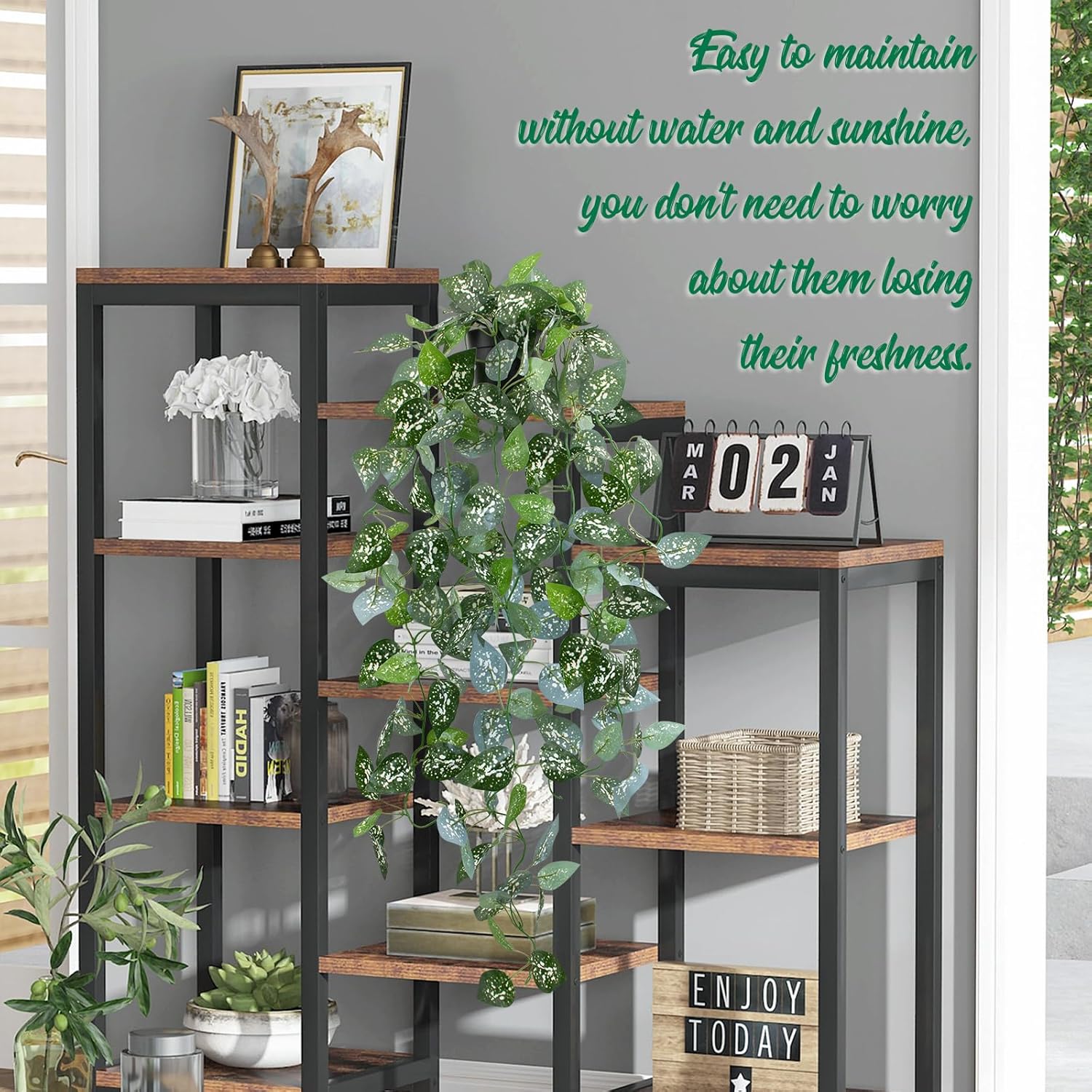 LOYWREE Fake Hanging Plant with Pot, Artificial Potted Fern Plant, 28.7-in Long Faux Hanging Vine Plant for Shelf Home Office Indoor Outdoor Garden Greenery Decor (Black Pot)
