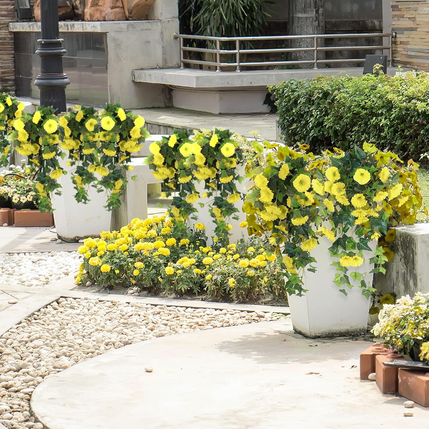 RECUTMS Artificial Fake Hanging Flowers Plants for Outdoor Decoration, 2 Pcs UV Resistant Faux Petunias Trailing Plants Realistic Flower Look Real for Door Wall Yard Porch Garden Planter (Yellow)