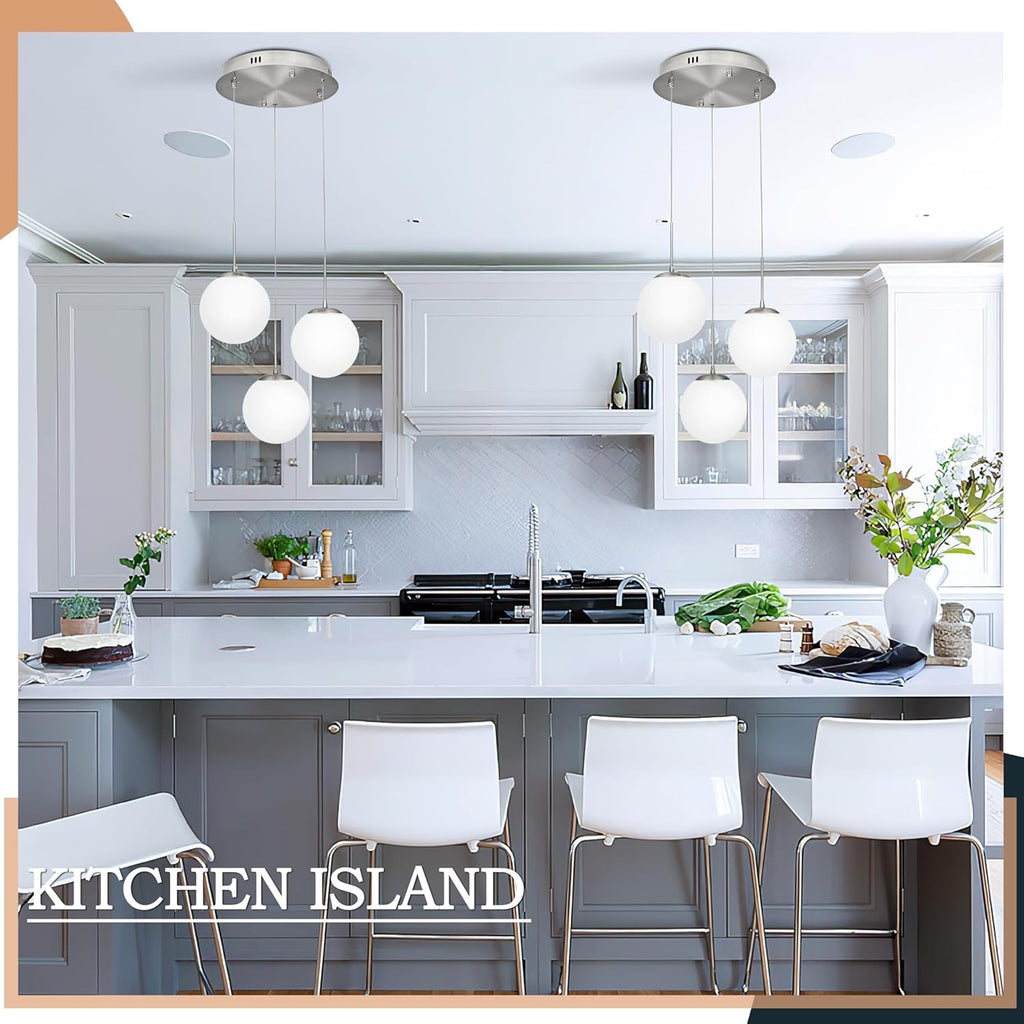 KoKo&Yukina 3-Light Globe Glass Pendant Light Modern Nickel Glass Chandelier Adjustable Length Pendant Lights Fixtures with Milky White Globe Ceiling Light for Kitchen Island (Bulb & Remote Incl.)