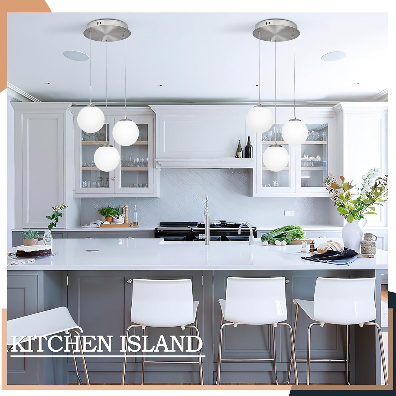 KoKo&Yukina 3-Light Globe Glass Pendant Light Modern Nickel Glass Chandelier Adjustable Length Pendant Lights Fixtures with Milky White Globe Ceiling Light for Kitchen Island (Bulb & Remote Incl.)