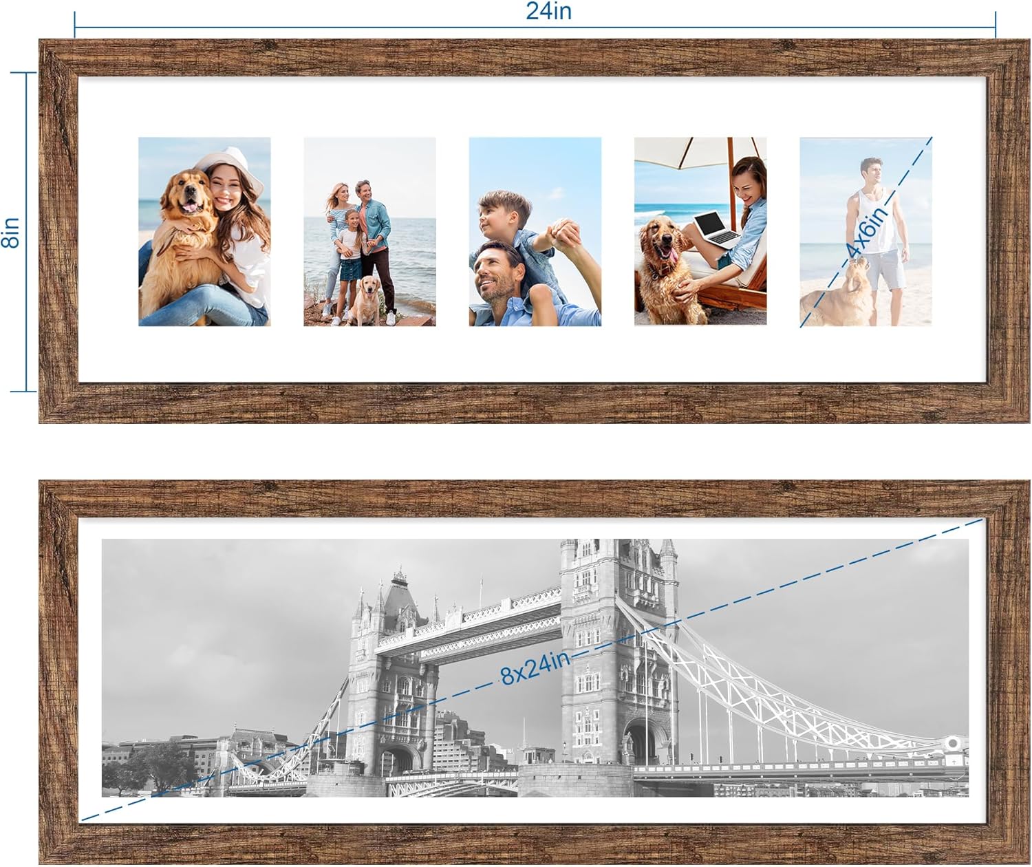 8x24 Picture Frame 2 Pack, Rustic Brown Wood Frame with Tempered Glass, Display Pictures Multiple Five 4x6 With Mat or 8 x 24 Without Mat - Horizontal or Vertical Wall Mounting