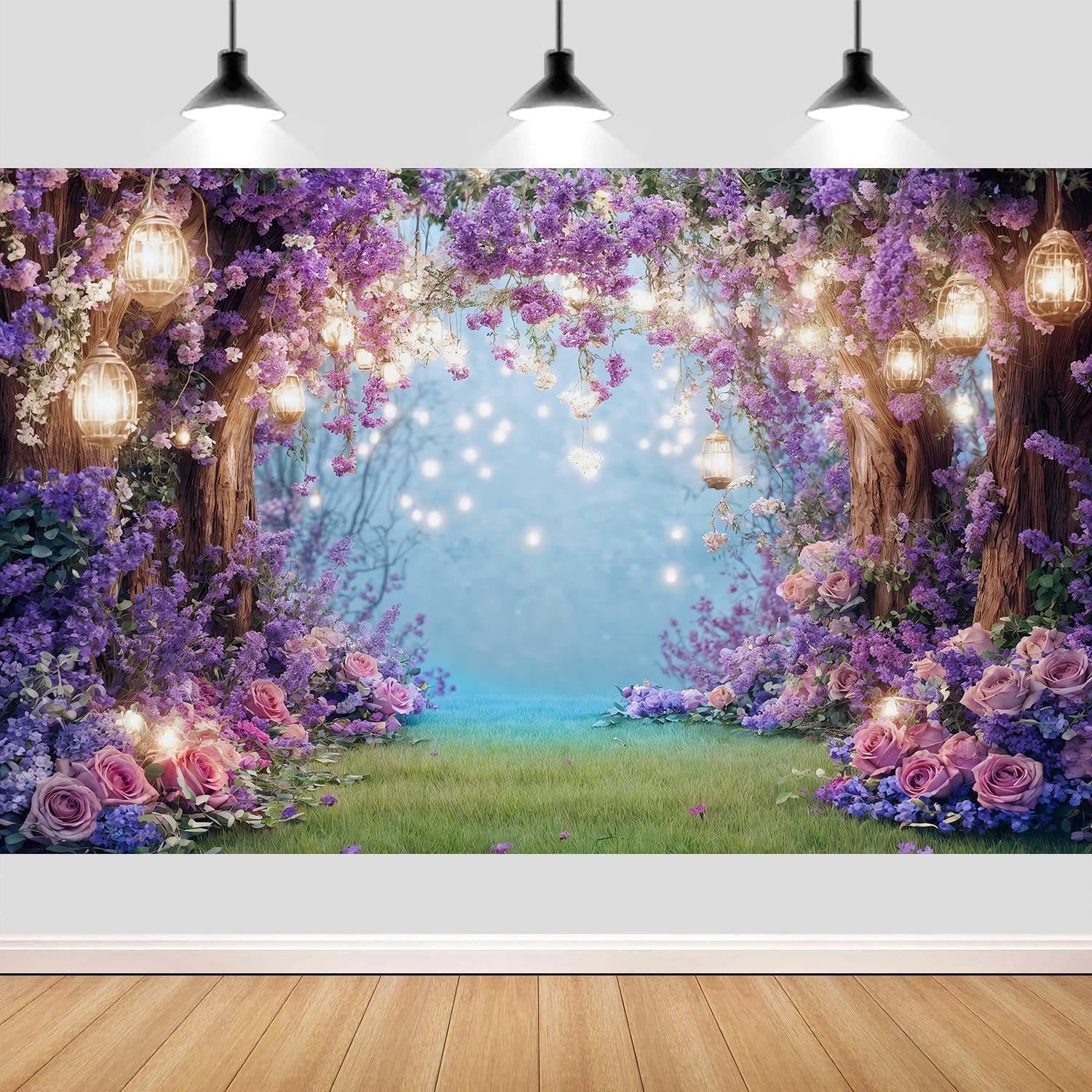 12X10ft Purple Flower Wall Backdrop Floral Arch Fairy Lights Romantic Background for Bridal Shower Birthday Party Anniversary Ceremony Props for Portrait Photo Studio Booth Decorations